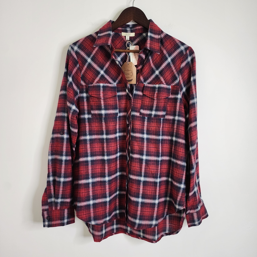 Kori America Women's Red Plaid Flannel Button Up Shirt Medium Cabincore Grunge